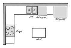 a kitchen floor plan with the island and sink