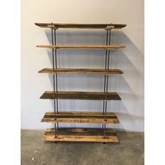 three wooden shelves with metal rods on each shelf and two empty shelves above them, against a white wall