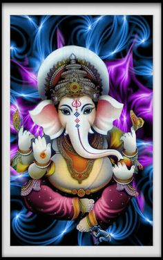 an image of the god ganesha with purple and blue swirls in the background