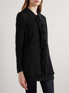 Designer Ruffled Tops For Evening, Designer Ruffle Tops For Evening, Designer Evening Tops With Ruffles, Designer Silk Tops With Ruffles, Luxury Ruffled Blouse For Work, Luxury Ruffles Blouse For Work, Designer Spring Tops With Ruffles, Designer Ruffle Tops For Spring, Designer Ruffled Tops For Spring