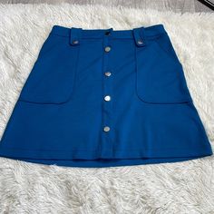 Ny & Co 7th Ave Blue Mini Skirt Size: 10 Color: Teal Blue Side Pockets Button Front Belt Loop High Waist Blue Skort For Work, Blue High-waisted Skirt With Button Closure, High Waist Blue Skirt With Button Closure, Blue Button-up Summer Skirt, Fitted Blue Skirt, Fitted Blue Skirt With Button Zip Fly, Blue Buttoned Mini Skirt For Summer, Casual Skort With Button Closure For Work, Blue Buttoned Mini Skirt