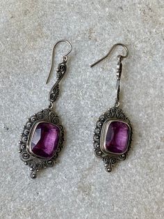 Beautiful Art Nouveau Italian Peruzzi Silver Filigree Facated Amethyst Vintage Antique Earrings Earhooks have are newer they replaced the screw backs thay were singed Peruzzi See pictures next to ruler for scale Ornate Purple Sterling Silver Earrings, Ornate Purple Drop Earrings, Ornate Purple Dangle Earrings, Ornate Purple Dangle Jewelry, Ornate Purple Pierced Earrings, Ornate Purple Jewelry With Matching Earrings, Purple Earrings With Intricate Design As Gift, Purple Earrings With Intricate Design For Gift, Formal Lavender Amethyst Earrings