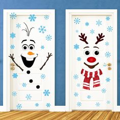 two doors decorated to look like snowmen