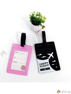 Bird in Bag - Premium 2-Piece Plane Pattern Luggage Tag Set - Top-notch Travel Accessories with Privacy Cover for Suitcases - Durable PU Leather Baggage Tags with Name ID Labels - Boarding Tag Portable Labels for Hassle-free Travel Trendy Pink Rectangular Luggage, Pink Rectangular Travel Accessories For Weekend Trips, Rectangular Pink Travel Accessories For Weekend Trips, Black Rectangular Luggage Tag With Sleeve, Portable Pink Rectangular Luggage, Black Rectangular Luggage Tag For Travel, Pink Rectangular Travel Bag For Gift, Pink Rectangular Travel Bag As Gift, Black Rectangular Luggage Tag For Weekend Trips