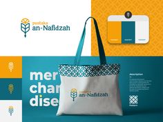 a bag with the name an nafizah on it is displayed in front of a business card