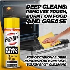 an ad for easy oven cleaning with the words, deep clean removes tough burn on food and grease