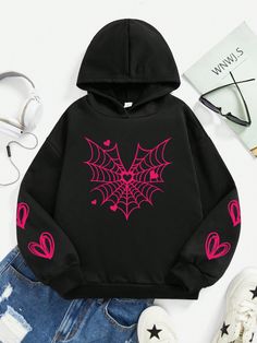 Teen Girl Heart & Spider Web Print Hoodie Black Casual  Long Sleeve Knitted Fabric Heart Pullovers Slight Stretch  Teen Girls Clothing, size features are:Bust: ,Length: ,Sleeve Length: Cute Emo Outfits For School, Prints For Hoodies, Black Pink Clothes, Hoodies Girl, Teen Hoodies, Hoodies For Girls, Clothes For Teens, Graphic Heart, Hoodies Black