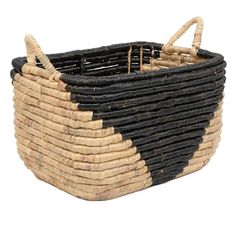 a black and tan basket with handles