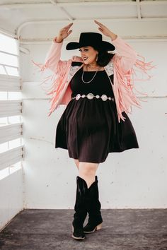 Pink Fringed Western Jacket - 9greyhorses.comjacket Cute Cowgirl Outfits Plus Size, Disco Cowgirl Plus Size Outfit, Western Wear Plus Size, Diy Cowgirl Outfit For Women, Plus Western Outfits, Western Plus Size Outfits, Cowgirl Outfits Plus Size, Plus Size Rodeo Outfits For Women, Fringe Cowgirl Outfit