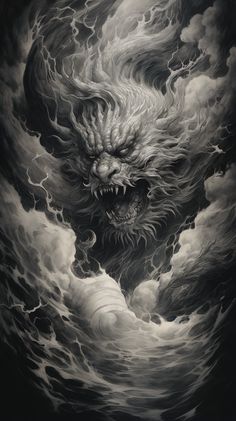 a black and white drawing of a demon in the sky with clouds behind it,