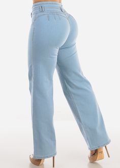 Butt Lifting Straight Wide Leg Jeans Light Blue Stretch Light Blue Denim Pants, Light Blue Stretch Denim Pants, Stretch Medium Wash Bottoms With Pockets, Solid Denim Bottoms, Light Blue Stretch High-rise Jeans, Stretch Bottoms With Button Closure In Light Wash, Light Blue High Rise Denim Bottoms, Casual Light Blue Bottoms With Button Closure, Light Blue Casual Bottoms With Button Closure