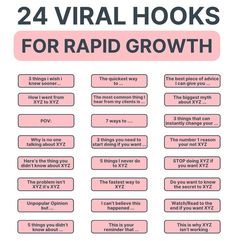 the text reads 24 virtual hooks for rapid growth with pink and black font on it