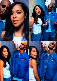 the couple is posing for pictures together in their blue denim shirts and jeans on top of each other