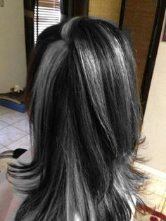 This Long Brown Hair With Grey Highlights, Grey Hair Black Highlights, Black And Dark Grey Hair, Black And Grey Hair Ideas, Black And Grey Highlights, Grey Highlights Hair, Hair Grey Highlights, Silver And Black Hair, Black And Gray Hair