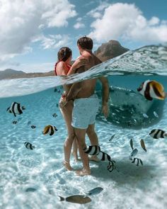 two people are standing in the water with fish around them and one is holding his back