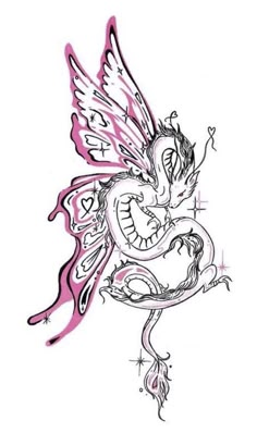 a drawing of a dragon with wings on it's head and tail, in pink ink