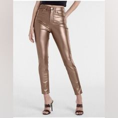 Nwt Express High Waisted Metallic Faux Leather Skinny Pant | Size 10r Elevate Your Wardrobe With These Stunning Nwt Express High Waisted Metallic Faux Leather Skinny Pants In Size 10r. Perfect For Any Occasion, These Pants Feature A Solid Pattern And Zip Closure. The Brown Color And Metal Theme Make Them Unique, While The Faux Leather Material Adds A Touch Of Luxury. Designed For Women, These Pants Are Versatile Enough To Be Worn For Party/Cocktail, Casual, Workwear, Or Business Events. The Skin Sleek Fitted Metallic Bottoms, Metallic High Rise Fitted Bottoms, Fitted High Rise Metallic Bottoms, Chic Fitted Gold Bottoms, Gold Pants For Fall, Chic Gold Fitted Bottoms, High Rise Faux Leather Party Pants, Metallic High Rise Party Bottoms, Chic Metallic Leather Pants For Fall