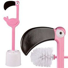 a pink and black flamingo toothbrush holder next to it's brush attachment