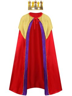 a red cape with yellow and purple trims on the chest, wearing a gold crown