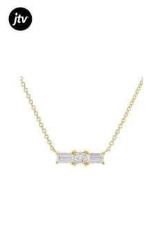 Bella Luce �� white diamond simulant 0.77ctw square and baguette, Eterno��� 18k yellow gold over sterling silver necklace. Measures approximately 18"L x 0.13"W and has a spring ring closure. The diamond equivalent weight is 0.58ctw. Diamond Simulant, Sterling Silver Necklace, Spring Rings, White Diamond, Sterling Silver Necklaces, Baguette, Cubic Zirconia, Silver Necklace, Yellow Gold