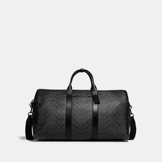 A bag as distinct as its namesake city the Gotham is a sleek streamlined style designed for travel. A no-fuss carryall this generously-sized (TSA compliant) Duffle features interior zip and slip pockets for easy organization and a convenient exterior pocket for access to essentials. Crafted of refined leather and our Signature canvas it’s secured by a zip closure and finished with a detachable strap for shoulder or crossbody wear. | Coach Gotham Duffle Bag In Signature Canvas - Black Copper/char Sleek Satchel Bags For Travel, Sleek Travel Satchel Bag, Classic Coated Canvas Travel Bag For Formal Use, Classic Coated Canvas Travel Bag For Formal Occasions, Classic Duffle Bag With Large Capacity For On-the-go, Classic Formal Travel Bag In Coated Canvas, Business Travel Bag With Luggage Sleeve In Coated Canvas, Sleek Black Travel Bag, Sleek Travel Bags With Top Carry Handle