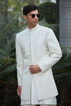 Shop for Bohame Off White Raksa Chikankari Embroidered Achkan Jacket Set for Men Online at Aza Fashions Fitted Long Sleeve Nehru Jacket With Chikankari Embroidery, White Sherwani With Cutdana And Long Sleeves, White Long Sleeve Traditional Winter Wear, White Long Sleeve Bandhgala With Dabka, Ceremonial White Nehru Jacket With Long Sleeves, White Long Sleeve Kurta For Reception, White Long Sleeve Bandhgala For Festive Occasions, White Chikankari Embroidery Long Sleeve Outerwear, White Nehru Jacket With Zari Work