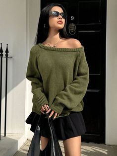 Sweaters From Shein, Wide Neckline Sweater, Olive Green Clothes Aesthetic, Oversized Sweaters For Women, Crochet Sweater Off Shoulder, Off The Shoulder Sweater Aesthetic, Green Sweater With Skirt, Grey Off The Shoulder Sweater Outfit, Green Long Sleeve Outfit