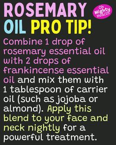 Rosemary oil pro tip: Mix 1 drop rosemary and 2 drops frankincense essential oils with 1 tablespoon carrier oil. Apply nightly to face and neck for powerful anti-aging treatment. Wedding Skincare, Top Essential Oils, Rosemary Oil, Skin Secrets