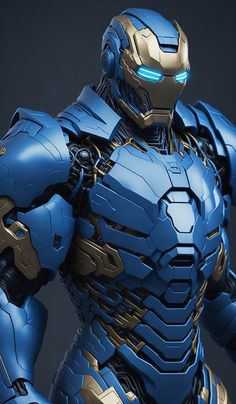 a blue and gold iron man figure is posed in front of a black background,