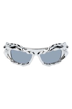 SSENSE Exclusive Silver Twisted Sunglasses by Ottolinger on Sale Silver Cat Eye Sunglasses With Gradient Lenses, Modern Silver Cat Eye Sunglasses With Mirrored Lenses, Modern Silver Mirrored Cat Eye Sunglasses, Futuristic Silver Sunglasses With Mirrored Lenses, Trendy Silver Cat Eye Sunglasses, Silver Cat Eye Sunglasses With Uv Protection, Silver Tinted Cat Eye Sunglasses, Luxury Silver Cat Eye Sunglasses, Trendy Silver Anti-reflective Shield Sunglasses