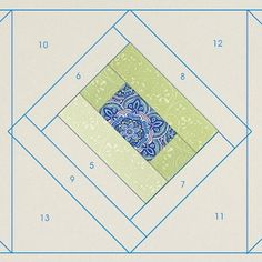 the blue and green square is cut into smaller squares with numbers on each side to indicate how many different patterns can be used