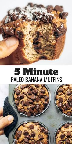 chocolate chip banana muffins in a muffin pan with text overlay reading 5 minute palen banana muffins