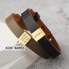 "This personalized leather bracelet makes the perfect gift for a special man in your life. Keep it simple with your kids' names or double sided engrave it with a short message. The bar is removable making it reversible as well. ITEM INFO Our default font is font 5 Materials: Genuine cowhide with sterling  charm.  Finishing colors for the charm:  & 18K  Plated Word limits: front: 2-4 words, back: 3-5 short words Dimensions: 1/2\" x 3/8\" x 1/4\" (13mm x 10mm x 5mm) Adjustable with three different Daddy Bracelet, Leather Engraved, Leather Engraving, Personalized Leather Bracelet, Memorial Bracelet, Christmas Gifts For Husband, Kids Names, Personalized Gifts For Kids, Bracelet Leather