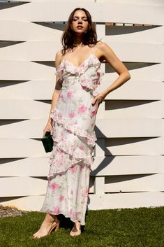 Mina Ruffled Floral Slip Midi Dress - fab'rik Slip Midi Dress, Vacay Outfits, Rehearsal Dress, Summer Fits, Pink Midi Dress, Neck Ruffle, Romantic Style, Summer Floral, S Models