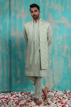 Shop for Smriti by Anju Agarwal Green Kavan Silk Bundi And Kurta Set for Men Online at Aza Fashions Layered Kurta, Kurta Cotton, Gents Kurta, Pista Green, Silk Pant, Nehru Jackets, Kurta With Pants, Kurta Designs, Kurta Set