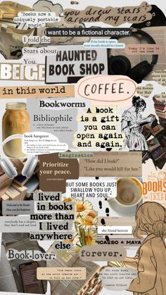 a collage of books, coffee and other things in the shape of a woman's head