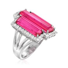 Ross-Simons - 10.45 ct. t. w. Pink and White Topaz Ring in Sterling Silver. Size 9. You'll grab everyone's attention when you don this vibrant ring. Set in polished sterling silver, 9.65 ct. t. w. emerald-cut pink topaz gemstones are sparked by frames of .80 ct. t. w. white topaz rounds. 7/8" wide. White and pink topaz ring. Pink Topaz Ring, Sky Blue Topaz Ring, Pink Stone Rings, Turquoise Drop Earrings, White Topaz Rings, London Blue Topaz Ring, Topaz Color, Pink Topaz, Peridot Ring