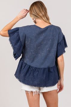 The Ruffle Sleeve Washed Short Sleeves Top is a chic and feminine choice for any occasion. The ruffle sleeve detail adds a touch of elegance and flair to this top. The washed fabric gives it a laid-back and relaxed vibe, perfect for casual outings. With short sleeves, it is ideal for warmer weather or for layering under a jacket. Pair it with jeans for a stylish and effortless look. Elevate your outfit with the charming ruffle sleeves of this washed short sleeve top. Features: Ruffled, Ruched Sh Sleeves Top, Ruffled Sleeve Top, Short Leggings, Ruffle Sleeves, New Tops, Sleeve Detail, Short Sleeve Blouse, Short Sleeve Top, Denim Dress