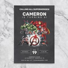 the avengers birthday party poster is displayed on a marble surface