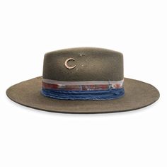 Profile view of designer hat, Balance,<br>a diamond-kissed, moonlit ocean beauty <span class='visuallyhidden'>Call or text 323-404-2959 if you need shopping assistance.</span> Artisan Fedora For Western-themed Events, Artisan Brown Felt Hat With Flat Brim, Dc Jewelry, Silk Textiles, Cowboy Silhouette, Obtuse Angle, Cotton Textiles, Modern Cowboy, Noir Color