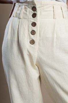 "Button down custom made pant for women, Cream linen pant, Formal pants, Made to order, Plus size -Model height: 5'3\" wearing size S -Length: 36\" -Coconut button -Fit: Comfortable Style these linen pants with casual tops or our tank tops. You would want to wear these everyday!" Casual Linen Pants With Button Closure, Summer Linen Pants With Button Closure, Beige Wide-leg Bottoms With Buttons, Beige Wide Leg Bottoms With Buttons, Fitted Cotton Pants With Buttons, High-waisted Cream Linen Pants, Cream High-waisted Linen Pants, Linen Trousers With Button Closure, High Waist Linen Bottoms With Button Closure