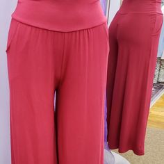 Knit Wide Legs Crop Pant 95% Polyester 5% Spandex Red Solid Long Pants, Red Solid Color Long Pants, Red Wide Leg Elastane Pants, Red Full-length Yoga Pants For Loungewear, Fitted Red Loungewear Bottoms, Red Fitted Bottoms For Loungewear, Red Full Length Yoga Pants For Loungewear, Stretch Wide Leg Pants With Pockets In Red, Stretch Red Wide Leg Pants With Pockets