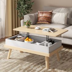 a coffee table with two trays on it in the middle of a living room