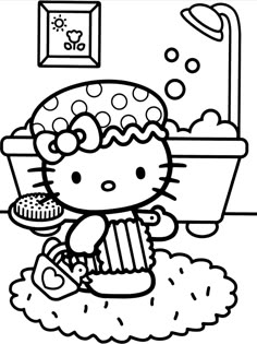 the hello kitty coloring page has been created to look like it is taking a bath