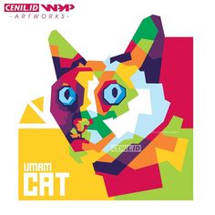 a colorful cat with blue eyes is featured in this graphic art work by artist umam gat