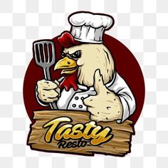 a chicken holding a spatula with the word tasty restaurant on it's side