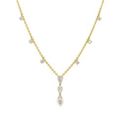 Handmade to perfection, this 14k yellow gold necklace showcases a 3 pear shape diamond drop at its center. Enhancing the radiance of these exquisite stones are 4 diamonds on each side, elegantly positioned along the chain. A one of a kind creation, it boasts a carat weight of 1.25 carats for the 3 pear shape diamonds and 0.62 carats for the 8 accent diamonds. Luxury Pear-shaped Yellow Gold Diamond Necklace, Classic Teardrop Pendant Diamond Necklace With Single Cut Diamonds, Classic Diamond Necklace With Single Cut Teardrop Pendant, Classic Teardrop Diamond Necklace With Single Cut Diamonds, Yellow Gold Pear-shaped Necklace With Single Cut Diamonds, Pear Shaped Yellow Gold Necklace With Single Cut Diamonds, Pear-shaped Yellow Gold Necklace With Single Cut Diamonds, Fine Jewelry Pear-shaped Necklace With Single Cut Diamonds, Classic Gold Diamond Drop Necklace