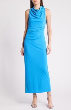 Steal the show in this drapey crepe gown designed with shapely pleating at the sides and a slouchy cowl neckline. 55" center back length (size Medium) Cowl neck Sleeveless, with cutaway shoulders Lined 100% polyester Hand wash, dry flat Imported Elegant Blue Cowl Neck Dress, Blue Cowl Neck Party Dress, Blue Fitted Cowl Neck Dress, Cowl Neck Gown, Anime Wedding, Crepe Gown, Blue Fits, Cowl Neckline, Fabric Gift Bags