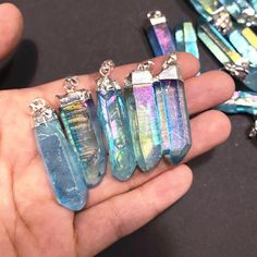 "Listing is for one blue Aura crystal quartz Point Pendant Pendant Size: approx. 30-55mm(L) x 8-15mm(W) QTY: 1 piece STOCK PHOTOS-- Pendants will vary slightly as to the shape and size of crystal Quartz, making each ring unique. Quartz is a power stone. It has been called the \"Universal Crystal\" because of its many uses. It enhances energy by absorbing, storing, amplifying, balancing, focusing and transmitting." Blue Crystal Necklaces As A Gift, Blue Crystal Necklaces For Gifts, Blue Crystal Necklace As Gift, Blue Crystal Necklace Gift, Blue Mineral Crystal Necklace For Gift, Blue Crystal Pendant Necklaces, Blue Mineral Crystal For Healing, Blue Aura, Power Stone