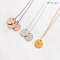 【Font Preview: https://winkieki.wixsite.com/font】 ~ Engraved Disc Necklace ~  Create a one-of-a-kind keepsake with our custom necklace. Attach up to 4 disc charms to a minimalist cable chain, each engraved with initials, text, or numbers of your choice.  The necklace exudes a feminine, elegant, and simple look, with a touch of stacked charm from the overlapping discs.  The laser-engraved text features a beautiful script or calligraphy style with elegant swashes, in a clear greyish colour that strikes the perfect balance between visibility and subtlety.  This special gift is perfect for yourself or your loved ones. SPECIFICATIONS * Material: Solid Stainless Steel. Discs are polished to mirror shiny level. * Colour: Gold / Silver / Rose Gold * Dimensions: Chain Length of approx. 43cm, with a Customizable Dainty Round Pendant Necklace, Dainty Customizable Round Pendant Necklace, Rose Gold Nickel-free Medallion Necklace, Handmade Stainless Steel Necklace For Personalized Gift, Personalized Nickel Free Rose Gold Necklace, Personalized Gift Rose Gold Nickel-free Necklace, Personalized Round Stainless Steel Jewelry, Customized Round Elegant Charm Necklaces, Customized Minimalist Necklace With Round Pendant